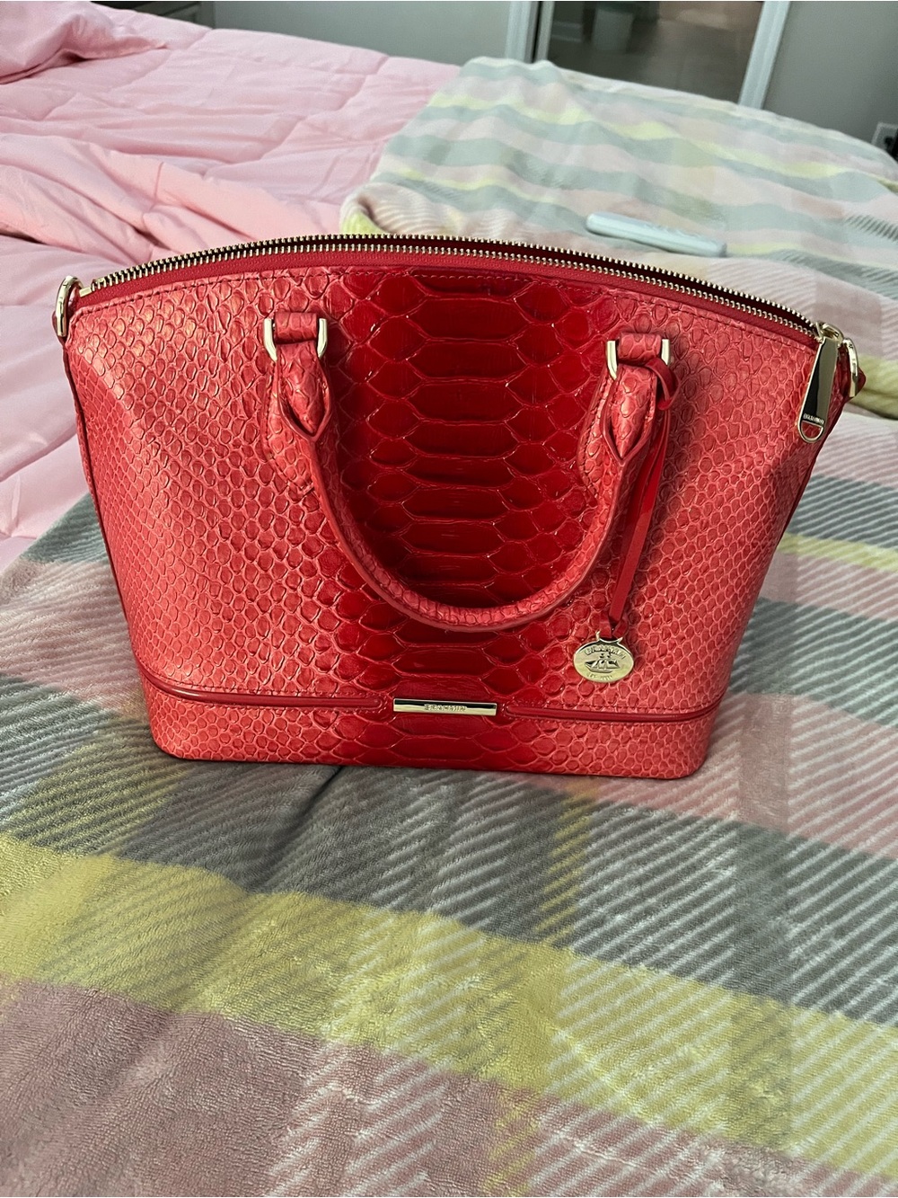 Brahmin Red Textured Satchel with Gold Hardware
